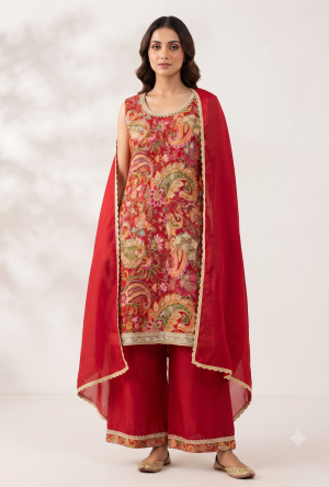 Pure Georgette Sleeveless Kurta Set with All-Over Multi-Color Paisley Resham Threadwork, Sequin Borders & Matching Dupatta (3-Piece Set)