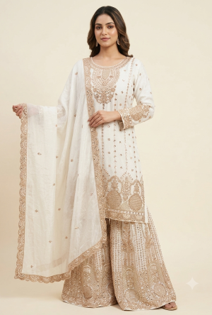 Crush Tissue Silk Straight Kurta Set with Gold Zari Yoke