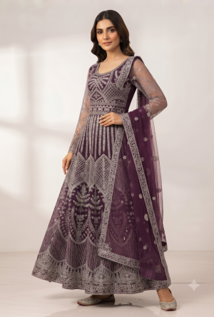 Sheer Net Kalidar Anarkali Gown Set with Heavy Silver Threadwork