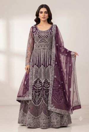 Sheer Net Kalidar Anarkali Gown Set with Heavy Silver Threadwork