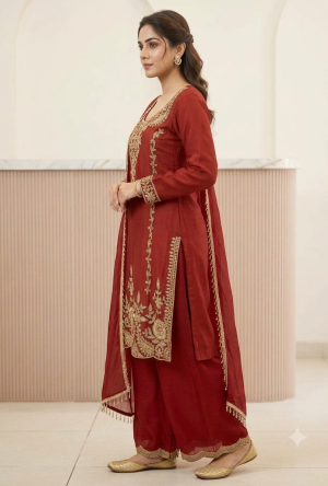 Crimson Red Georgette Short Kurta Palazzo Suit Set with Heavy Gold Zari & Sequin Neckline and Scalloped Hemline
