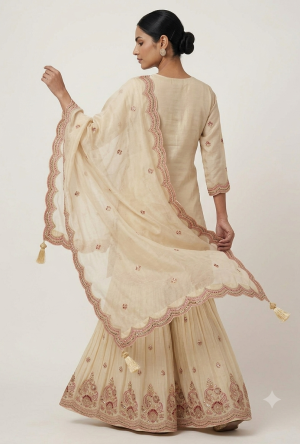 Alternative view of Pure Silk Slub Short Kurta Set with Crimson & Coral Paisley Hand-Embroidery, Scalloped Border & Sharara Trousers (3-Piece Set)