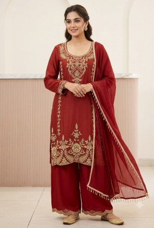 Crimson Red Georgette Short Kurta Palazzo Suit Set with Heavy Gold Zari & Sequin Neckline and Scalloped Hemline