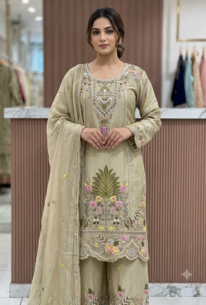 Off-White / Beige Silk Slub Straight Kurta Set
